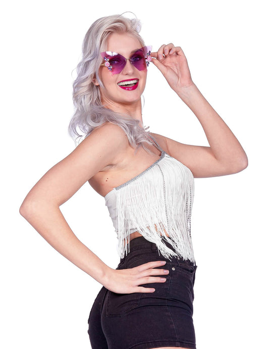 Fehér rojtos crop top fesztiválra női