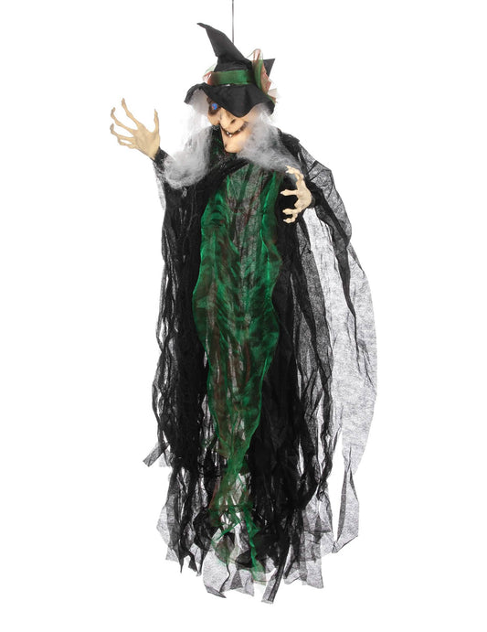 Felfüggeszthető boszorkánydísz halloweenra, fekete és zöld, világító