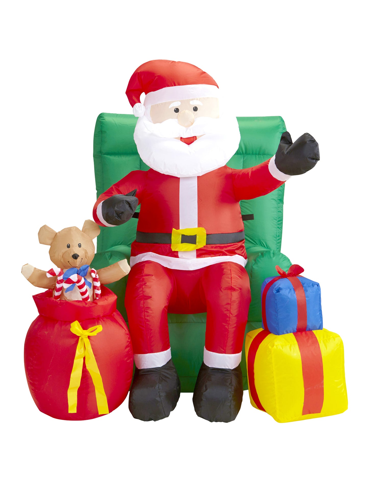 Animált, felfújható karácsonyi dekoráció – ülő Mikulás ajándékokkal 122 cm