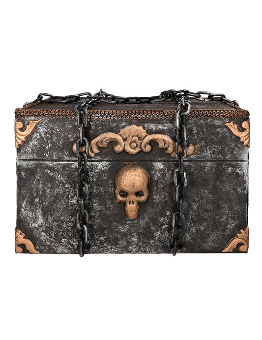 Détail du crâne doré et des chaînes de la Décoration animée sonore et lumineuse Coffre de Pirate Horreur