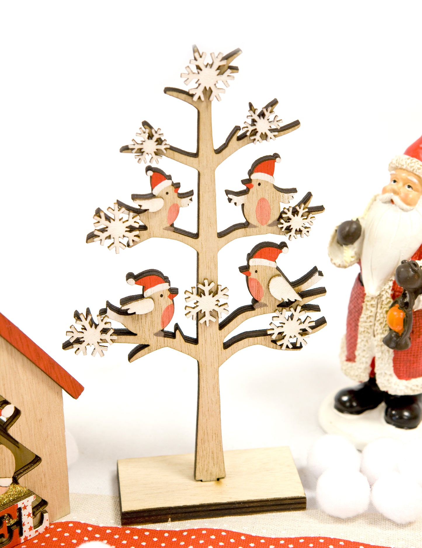 Fa karácsonyfadísz ülő madarakkal és karácsonyi hópelyhekkel 18 x 11 x 4 cm