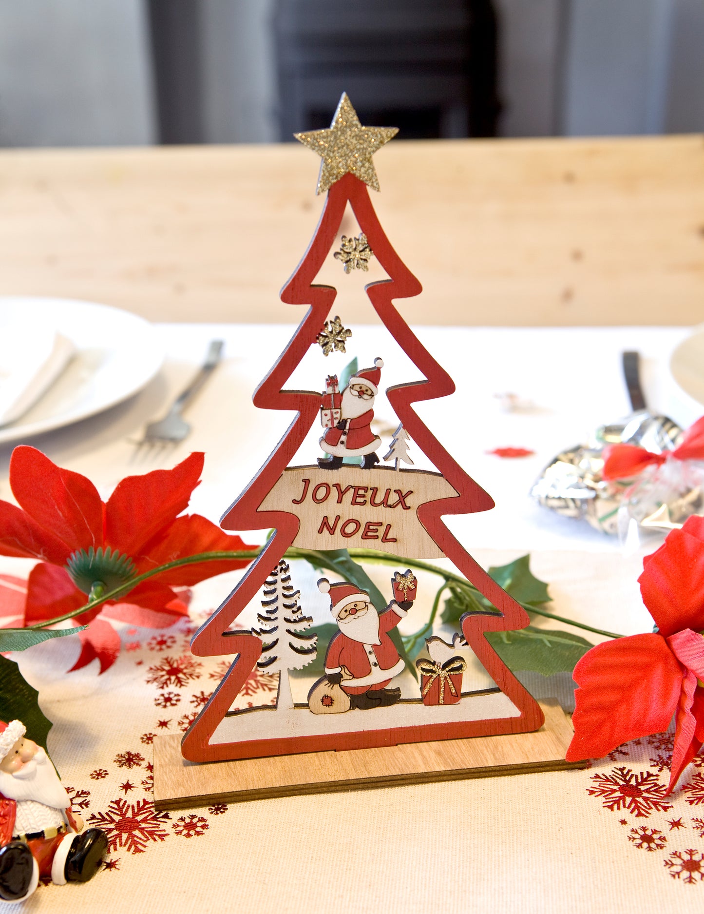 Fa dekoráció piros fenyő boldog karácsonyt 23 x 15 x 4 cm