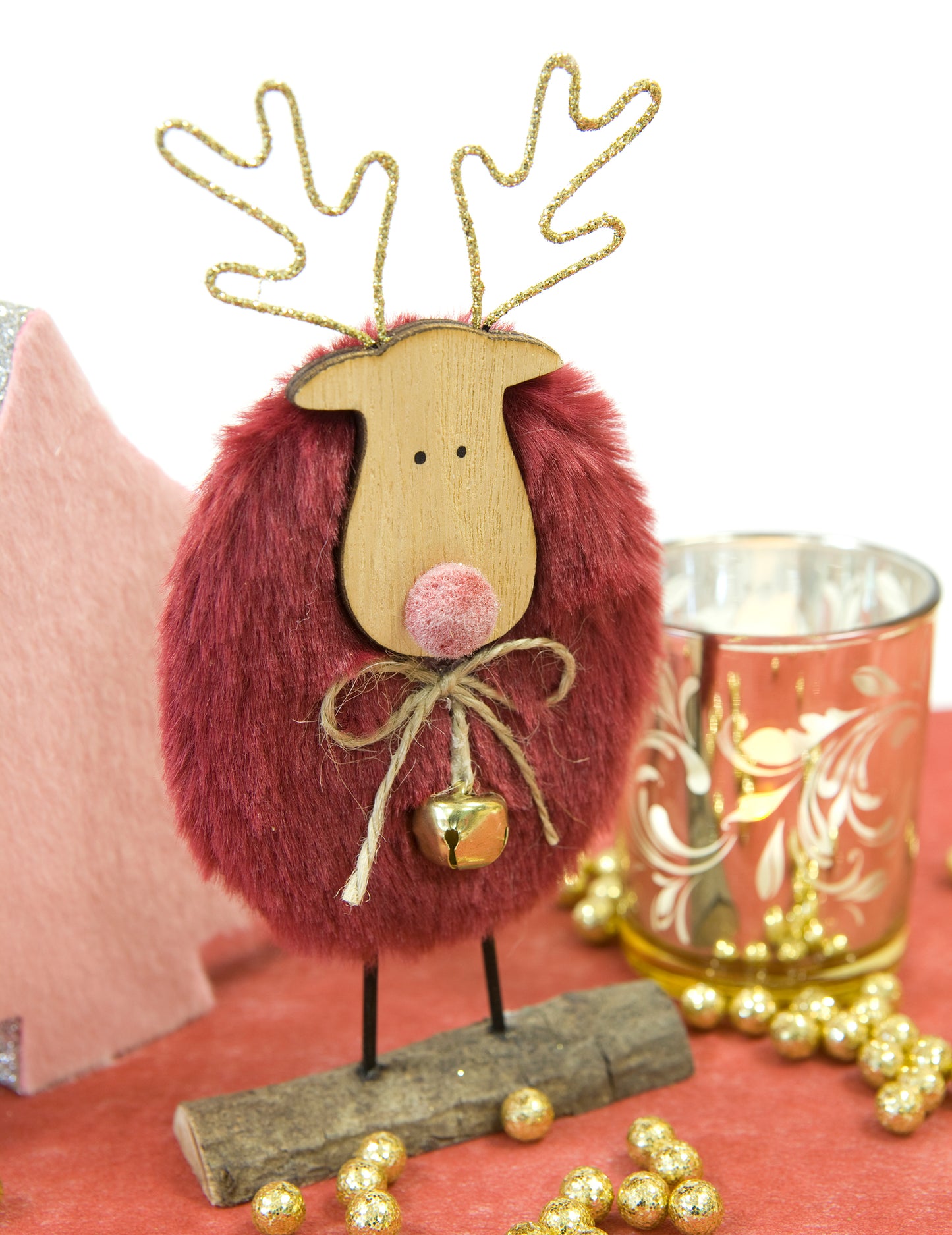 Fa rénszarvas dekoráció és bordó szőr 15 cm