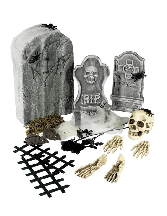 Détail des accessoires des décorations 21 pièces squelette et pierre tombale pour Halloween