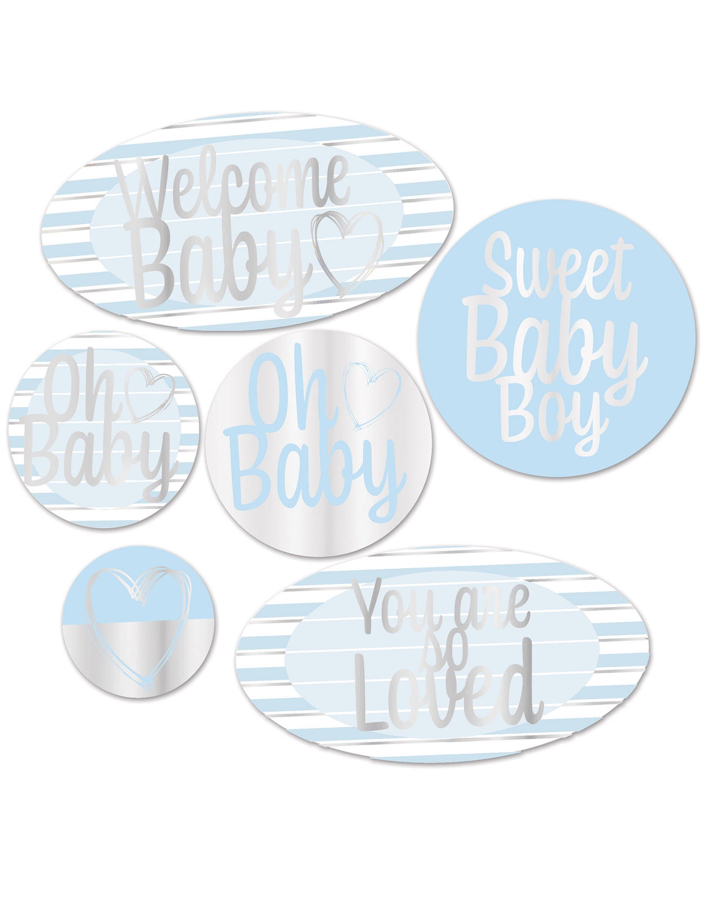 6 kék és ezüst kartonból készült "Welcome Baby" babaváró buli dekoráció