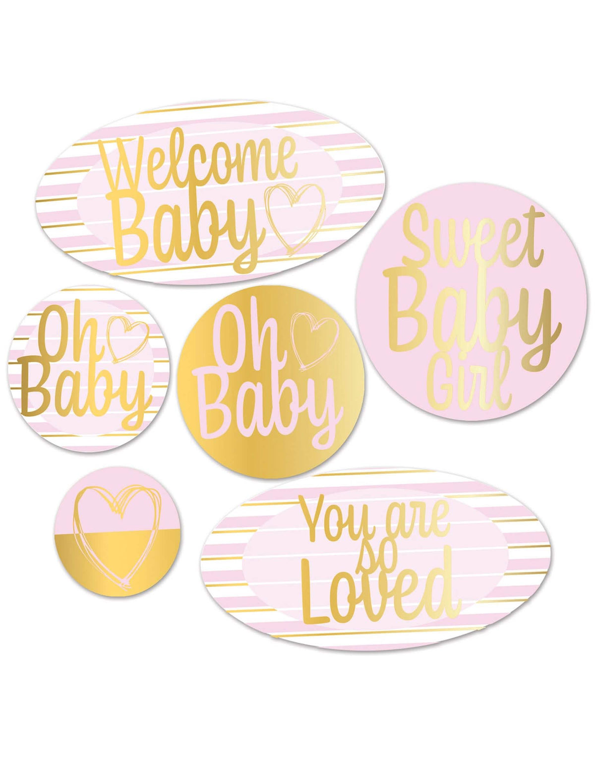 6 Welcome Baby karton dekoráció babaváróhoz, rózsaszín és arany