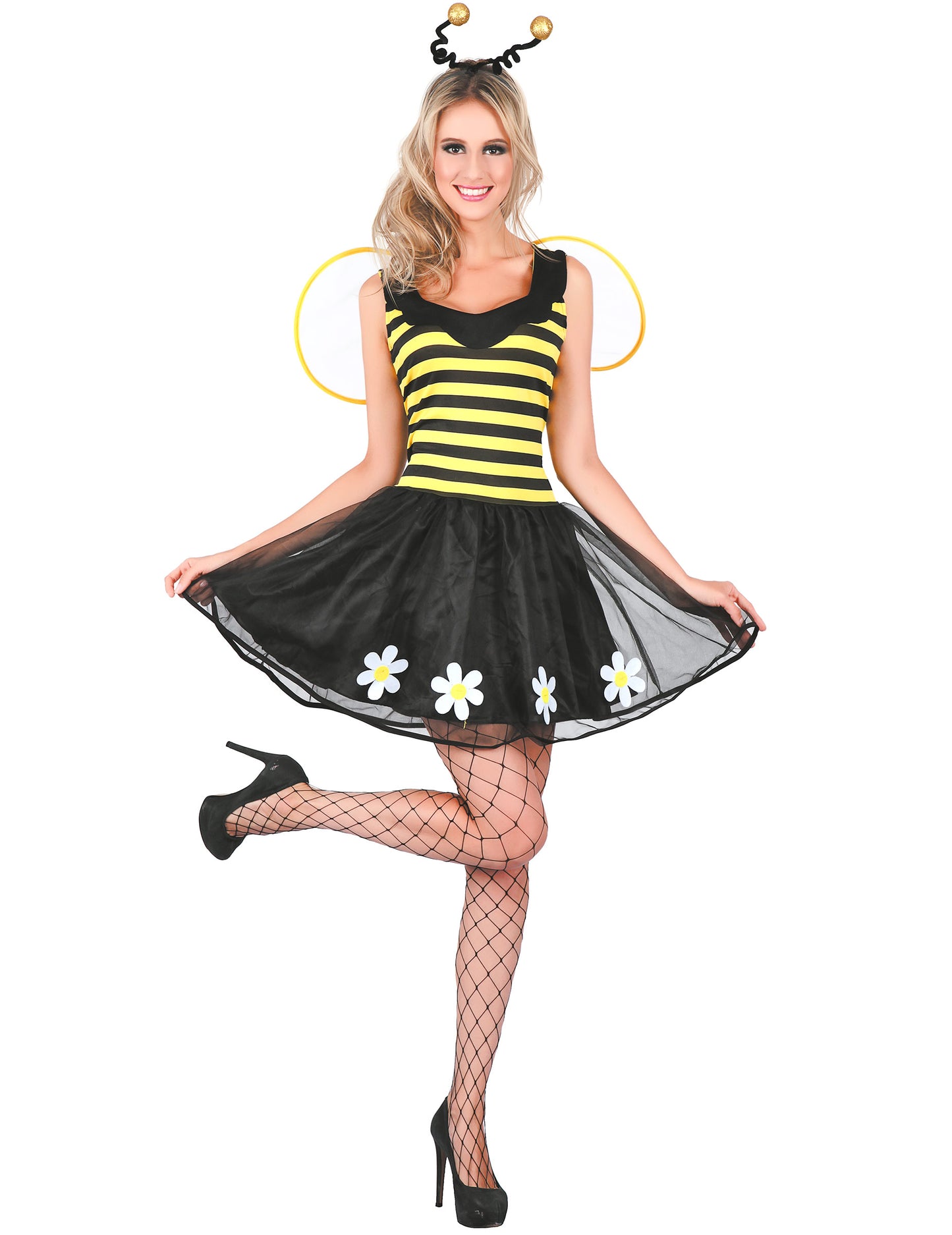 Déguisement d'abeille pour femme jaune et noir avec ailes et serre-tête