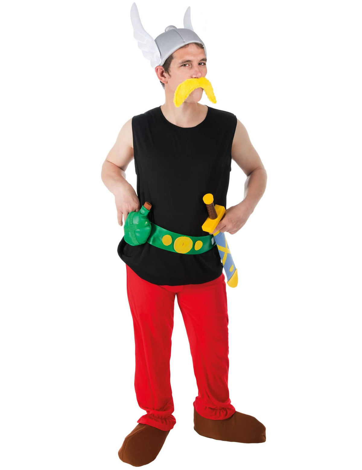 Felnőtt Astérix jelmez fekete és piros színben, szárnyas sisakkal és sárga bajusszal