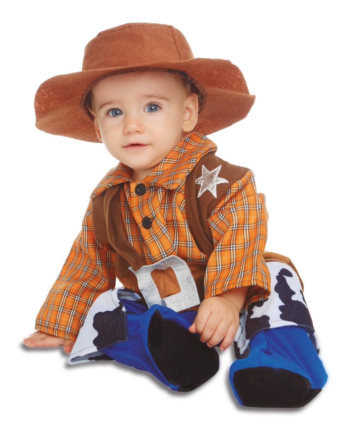 Baba cowboy kalappal narancssárga, kék és barna tehénmintával