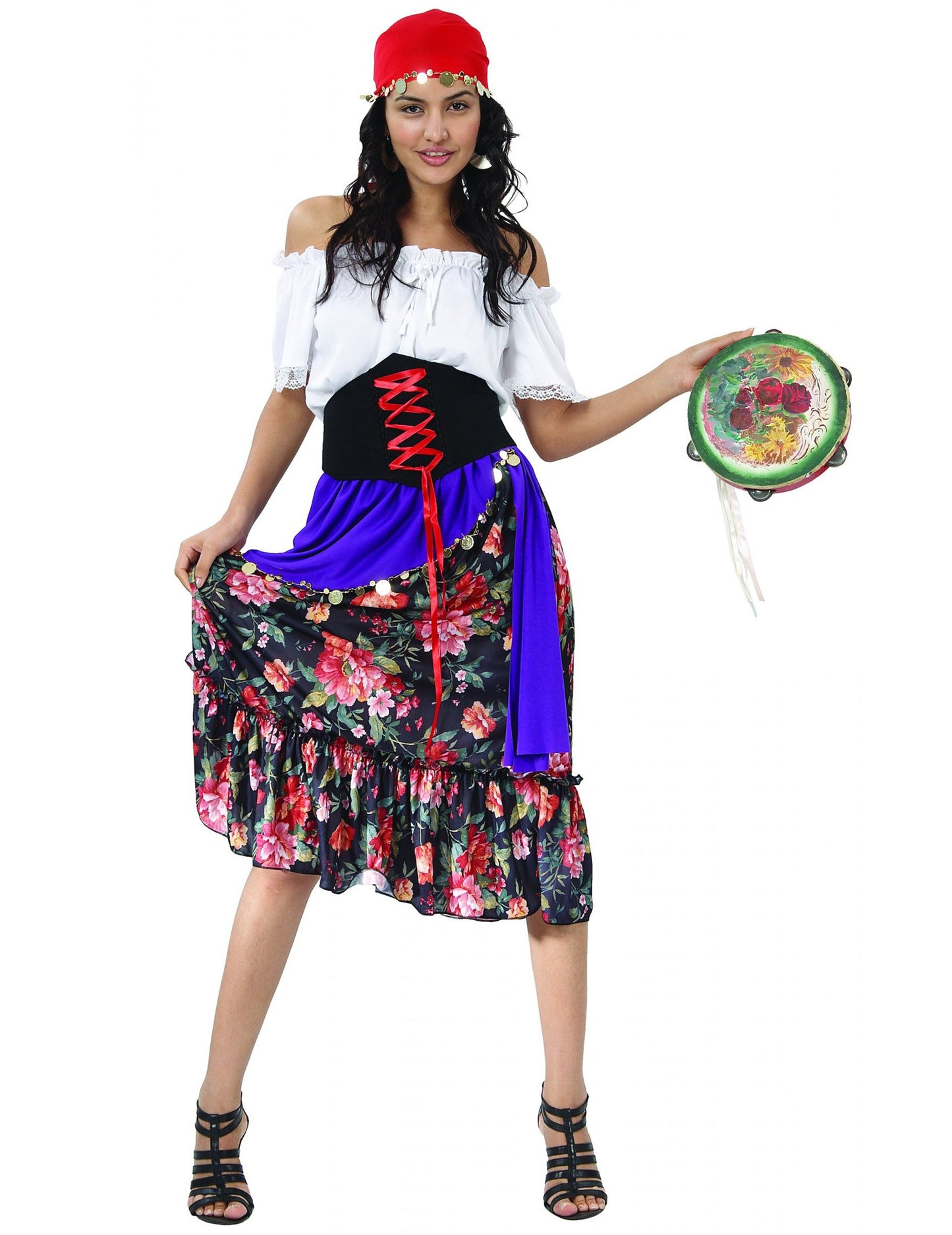 Virágmintás női bőrmellény jelmez fehér felsővel és kék virágos szoknyával