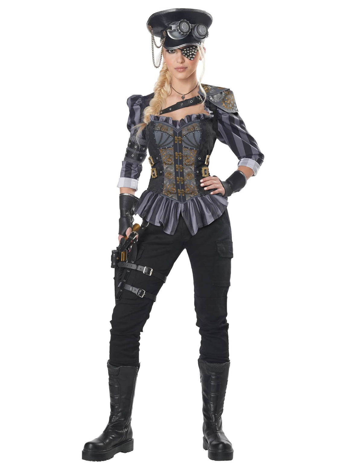 steampunk luxus kapitány női jelmez fekete és szürke színben, fűzővel és kalappal