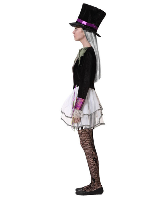 Vue de profil du déguisement de chapelier sombre pour fille