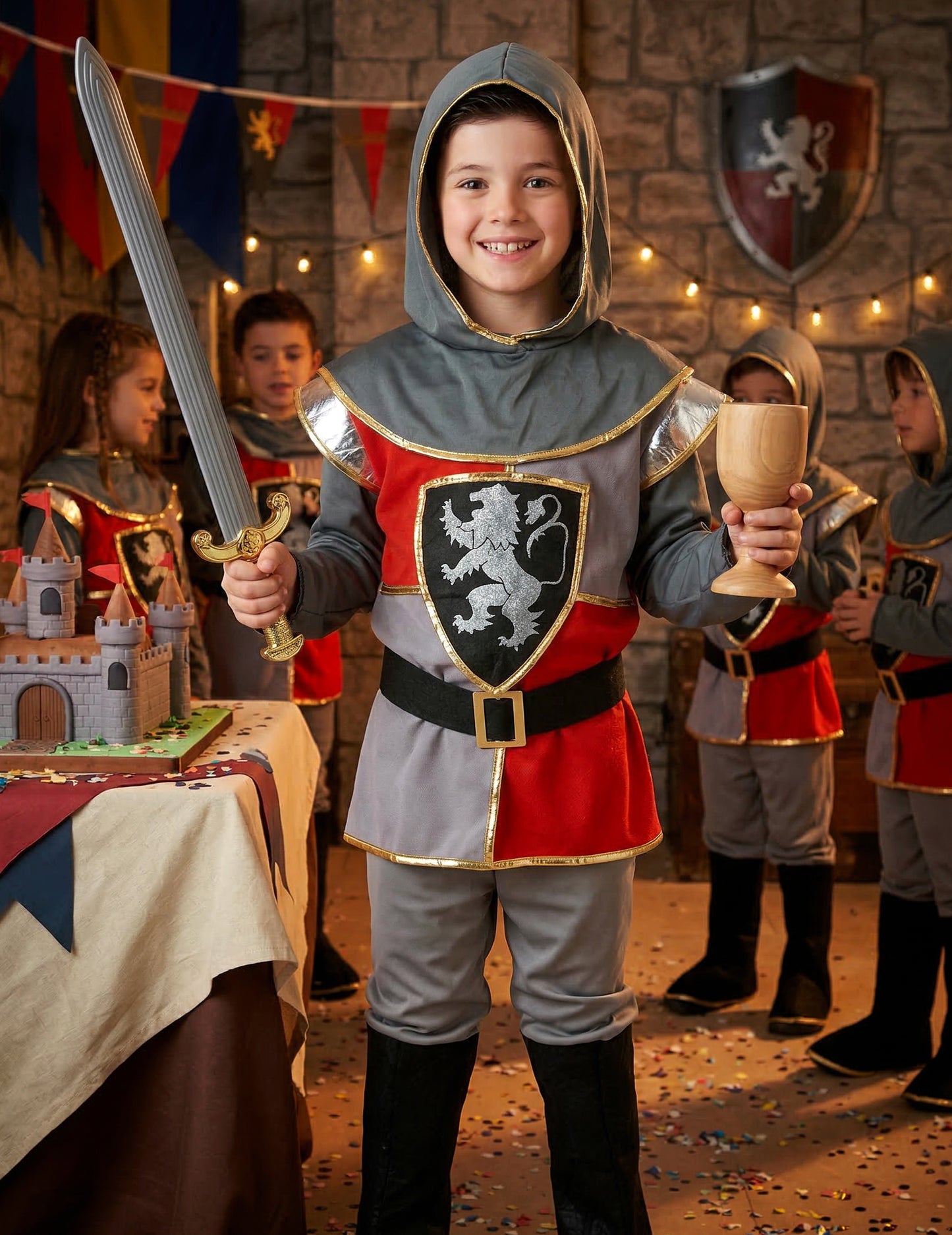 Mise en situation avec épée et calice du déguisement de chevalier renaissance pour garçon