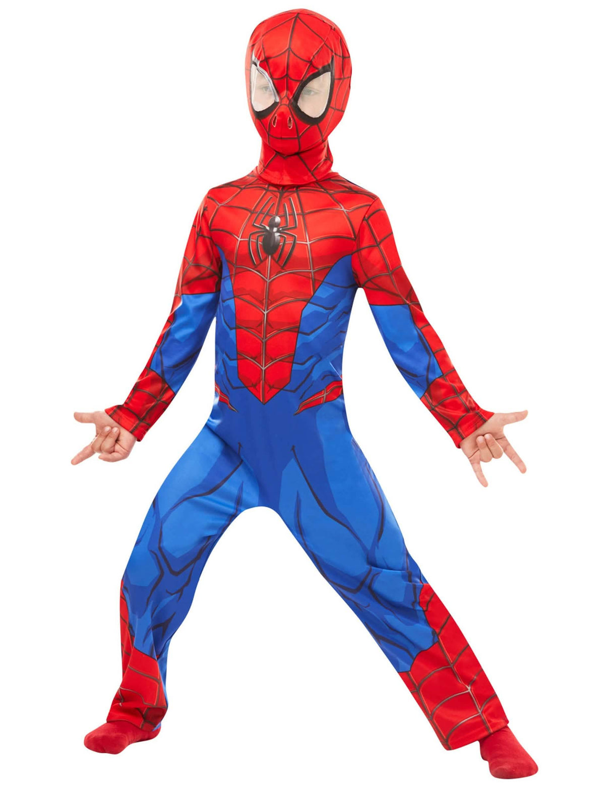 Elölnézet a klasszikus Spiderman gyermek jelmezes overalljáról és maszkjáról