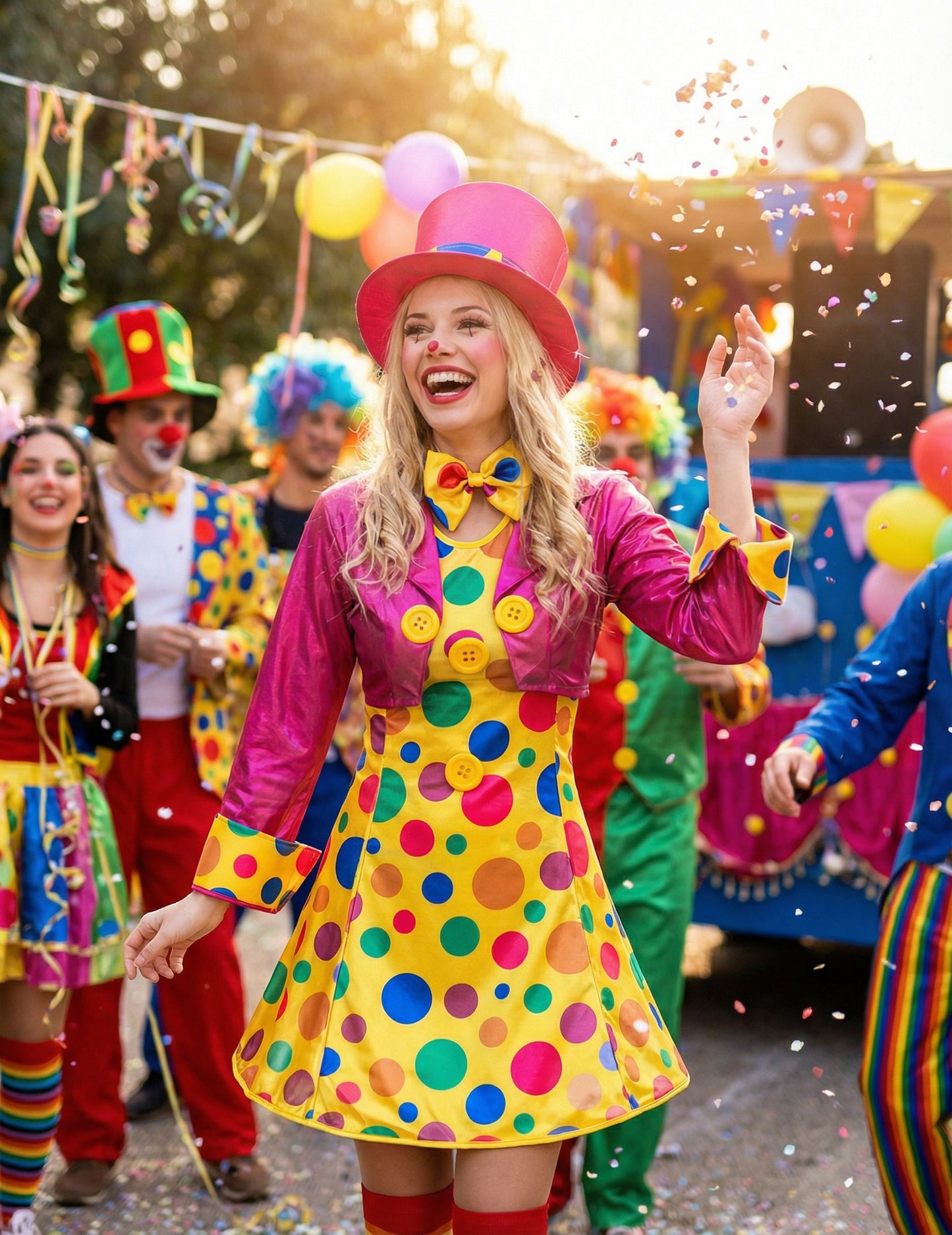 Ünnepi helyzetben a vidám női bohócostüm