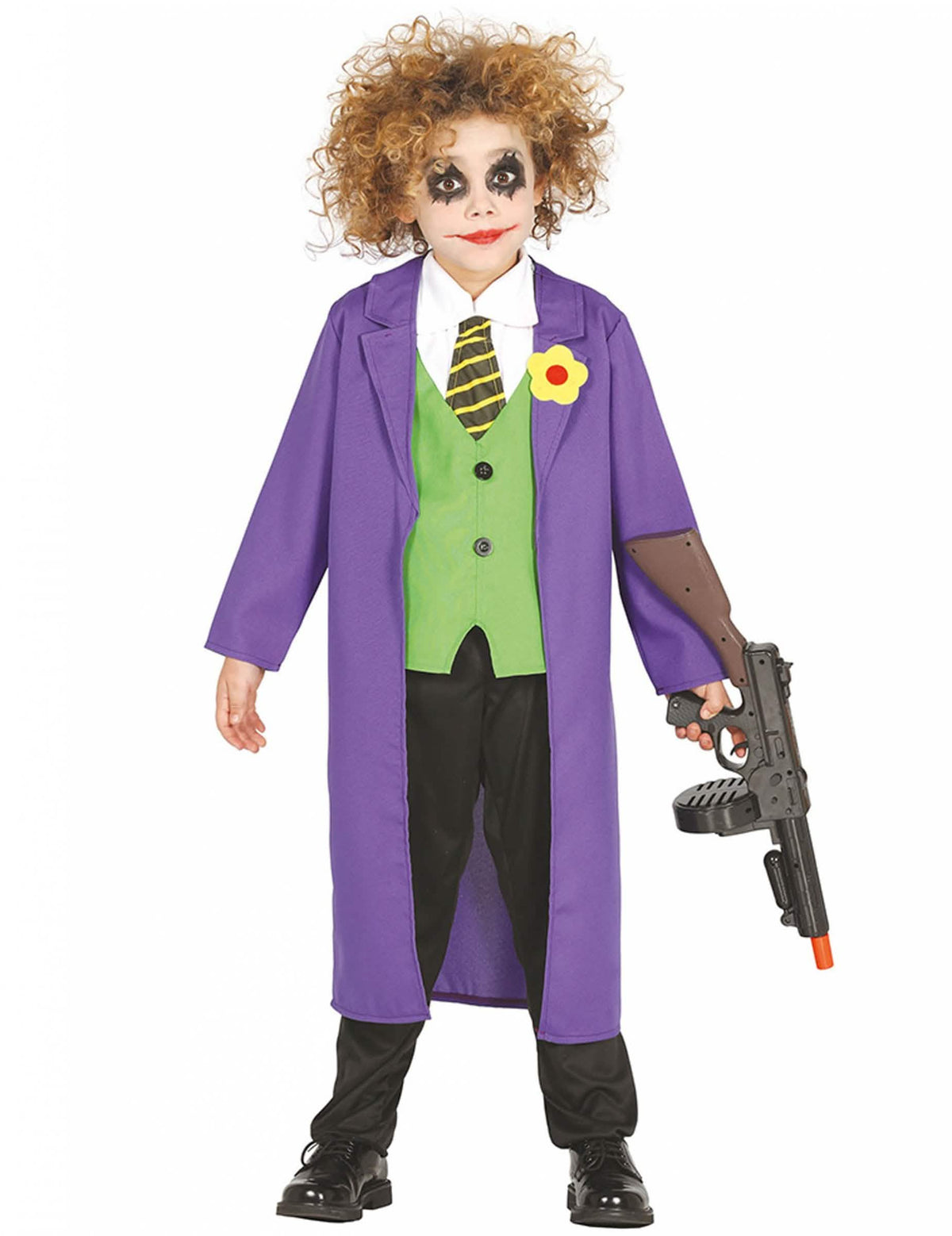 Őrült joker bohóc jelmez gyermekeknek lila és zöld hosszú kabáttal