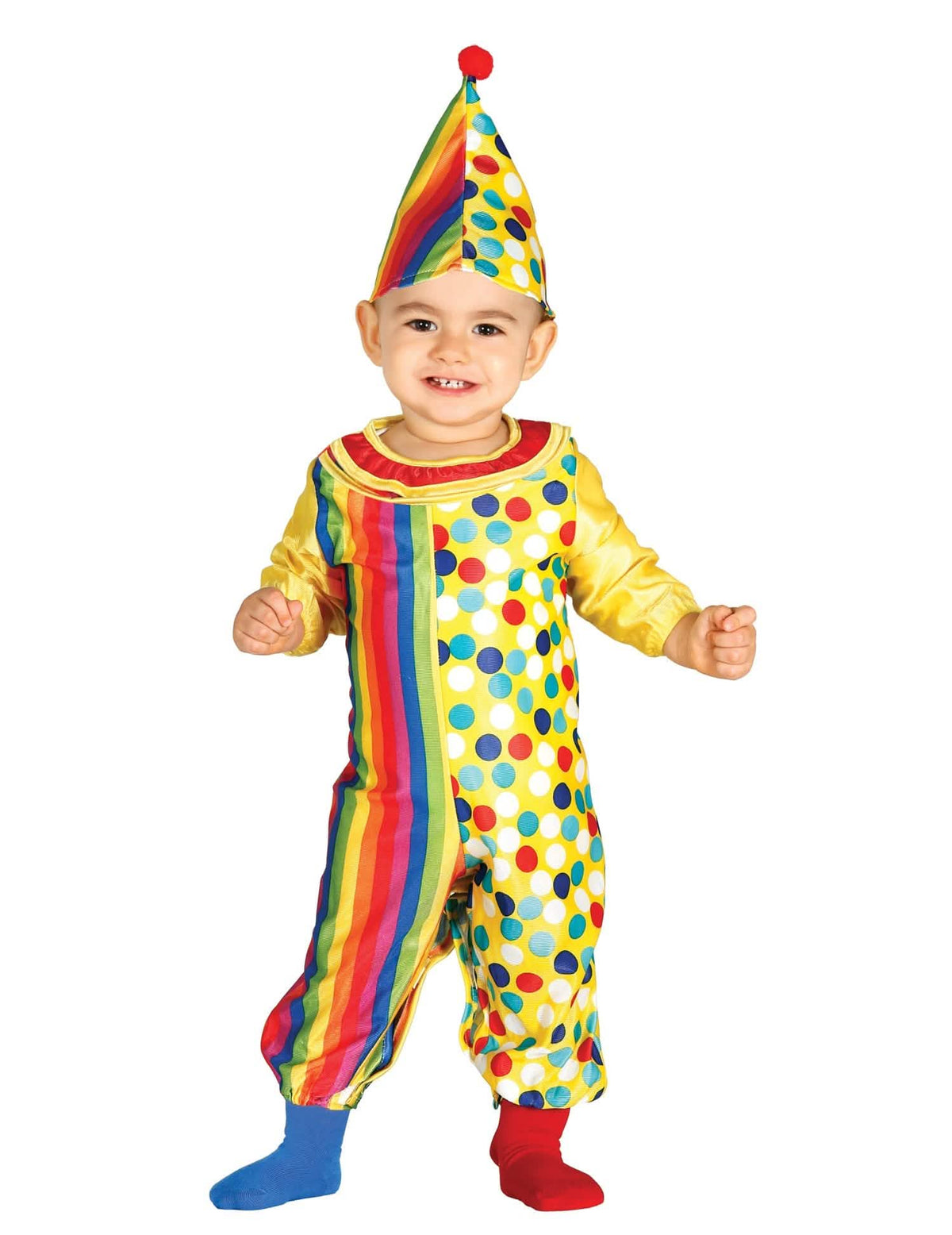 Béba multicolore csíkos és pöttyös bohóc kombinés jelmez kalappal