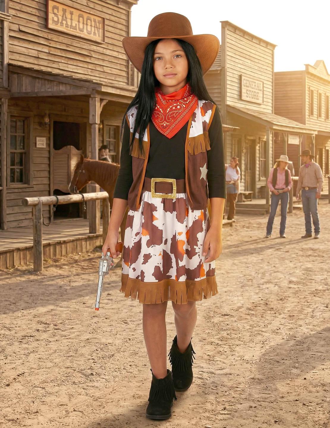 Elölnézeti helyzetben egy western dekorban, a western cowboy jelmezben