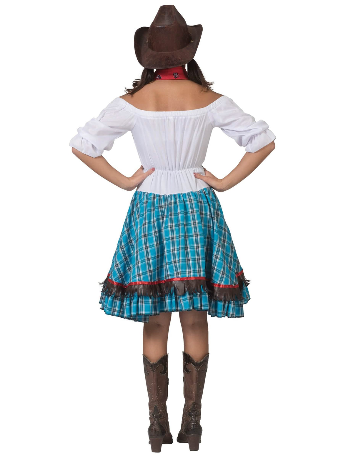 Hátulnézet a kék kockás cowgirl jelmezről