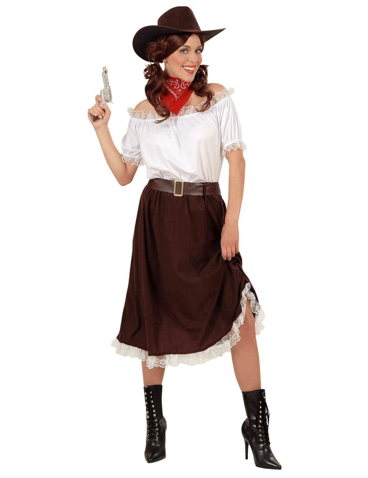 fehér és barna női cowgirl jelmez piros kalappal és bandanával