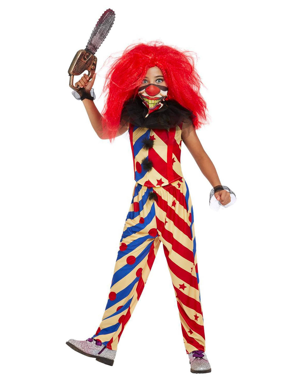 láncfűrész kiegészítő és a két színű creepy clown jelmez maszk lány számára