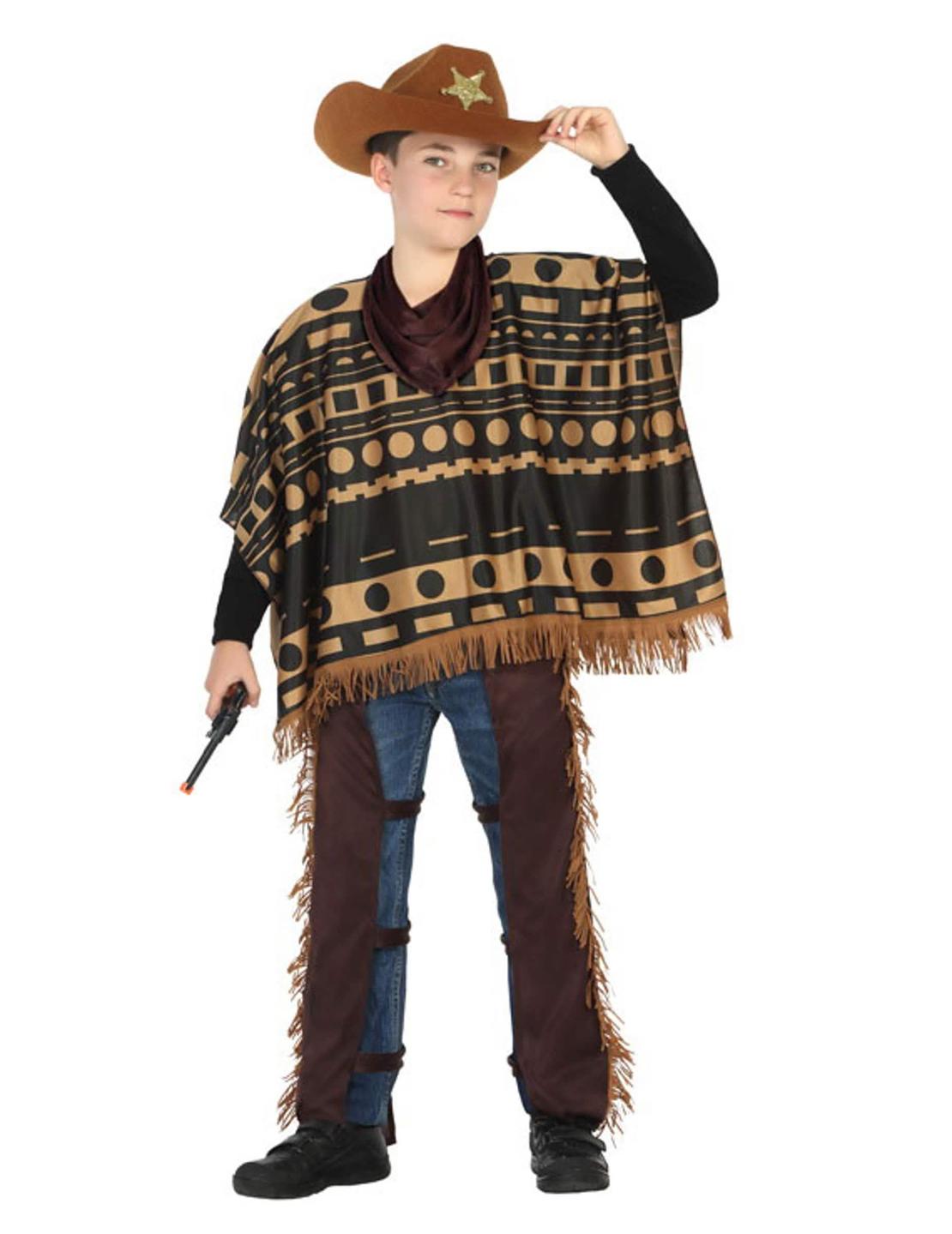 Cowboyjelmez poncsóval fiúknak barna és fekete mintás, kalappal