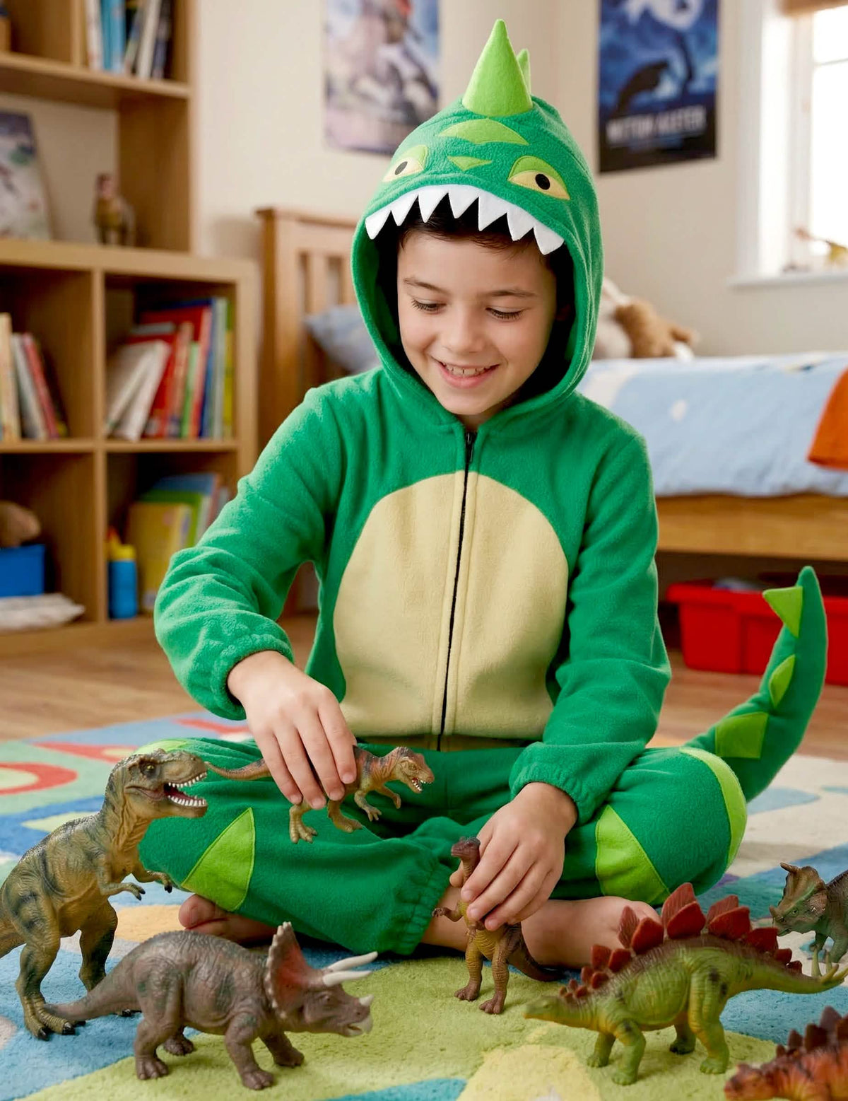 Ülő nézetben, gyermek dinoszaurusz jelmezben játszik