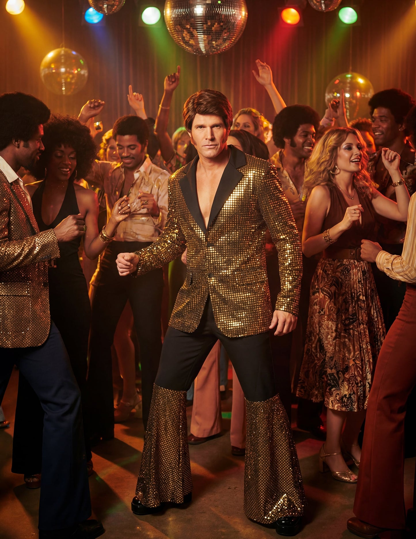 Mise en situation en soirée du déguisement disco pour homme