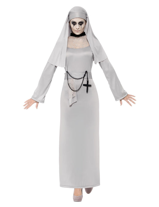 Vue de face du déguisement de fantôme religieuse pour femme