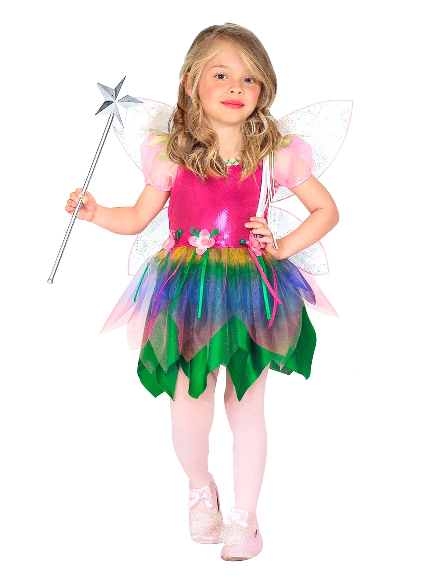 Rózsaszín és zöld szitakötő tündér jelmez lányoknak, színes szoknyával és szárnyakkal