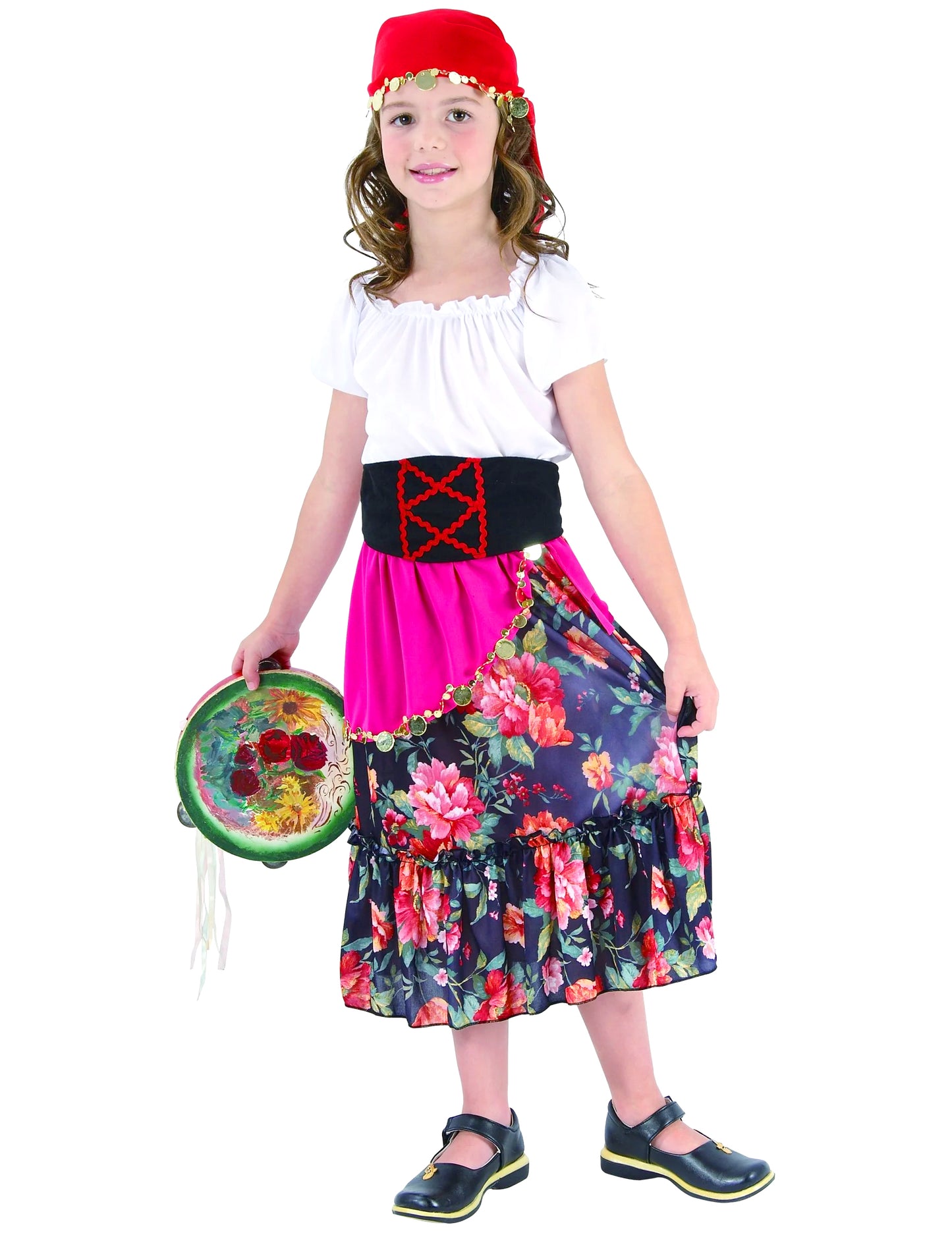 Színes gyerek jelmez, virágos szoknyával és piros bandanával, cigány stílusban