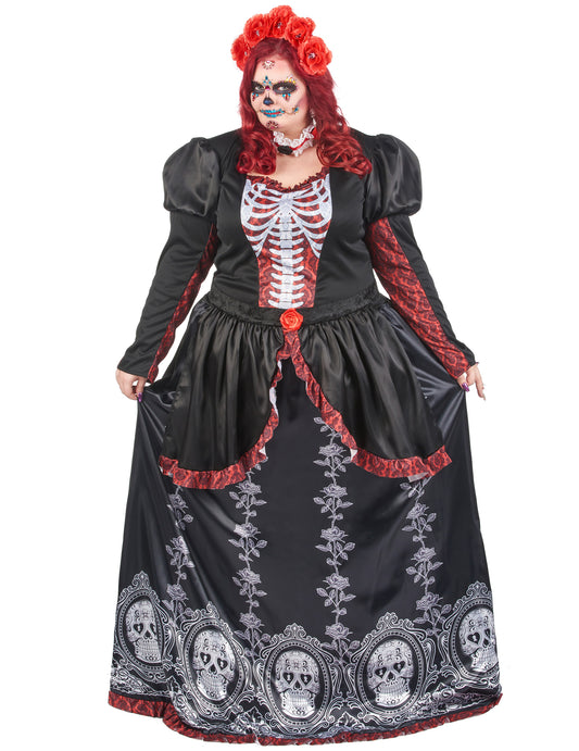 Vue de face du déguisement robe longue Dia de los muertos pour femme
