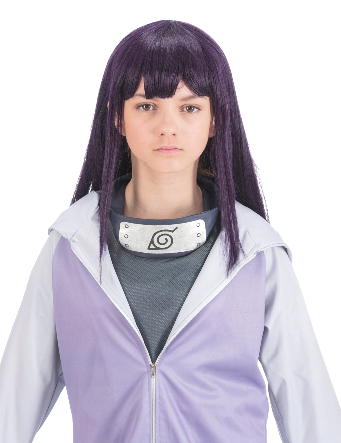 Gros plan sur la perruque et le bandeau du déguisement Hinata Naruto™