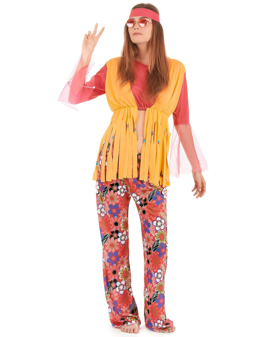 Vue de face de la tenue femme du déguisement de hippies pour couple multicolores
