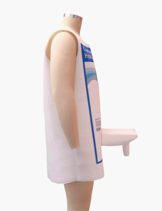Vue de profil du déguisement humoristique de gel hydroalcoolique pour adulte