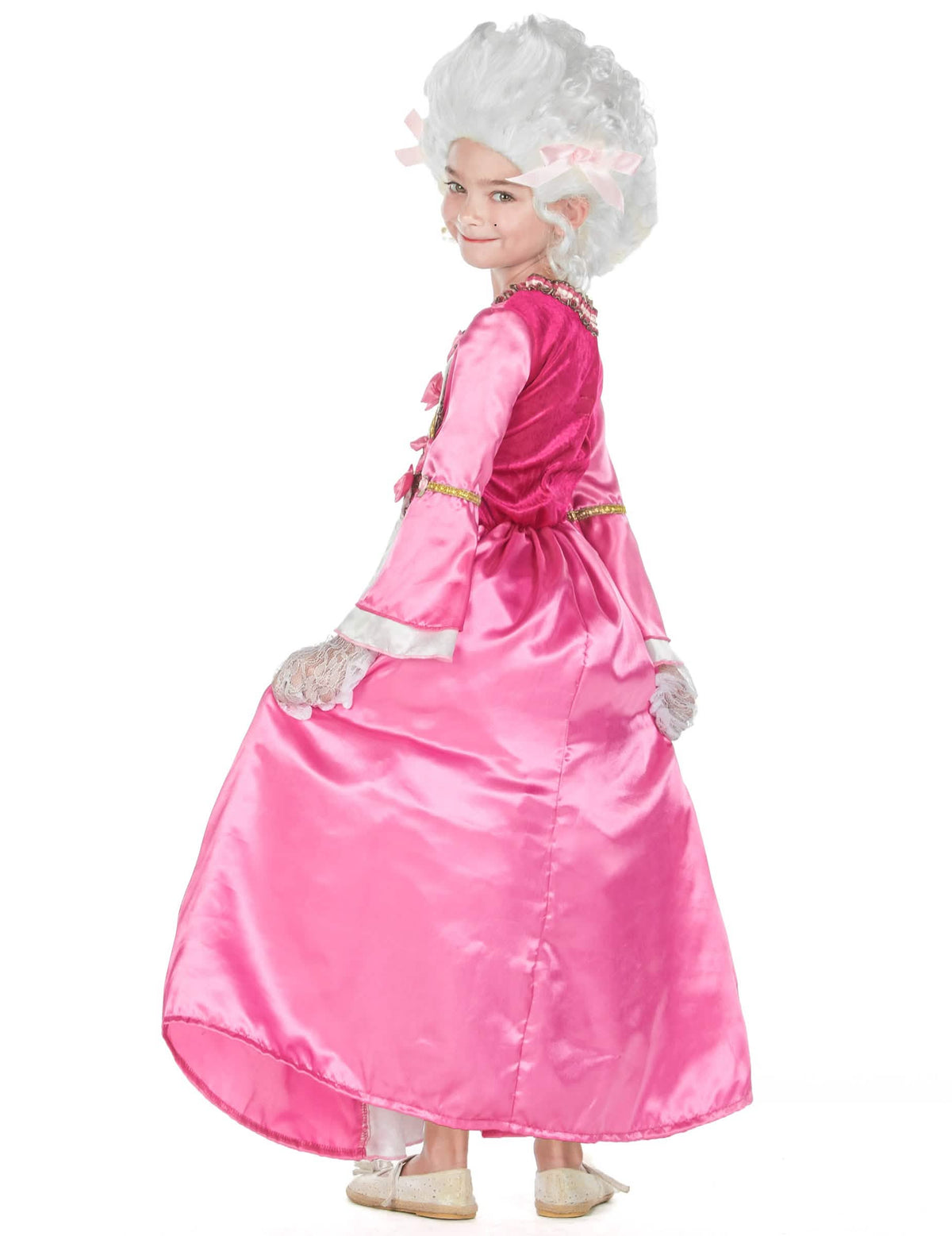 Hátulnézet a gyermek Marie Antoinette jelmez rózsaszín ruhájáról