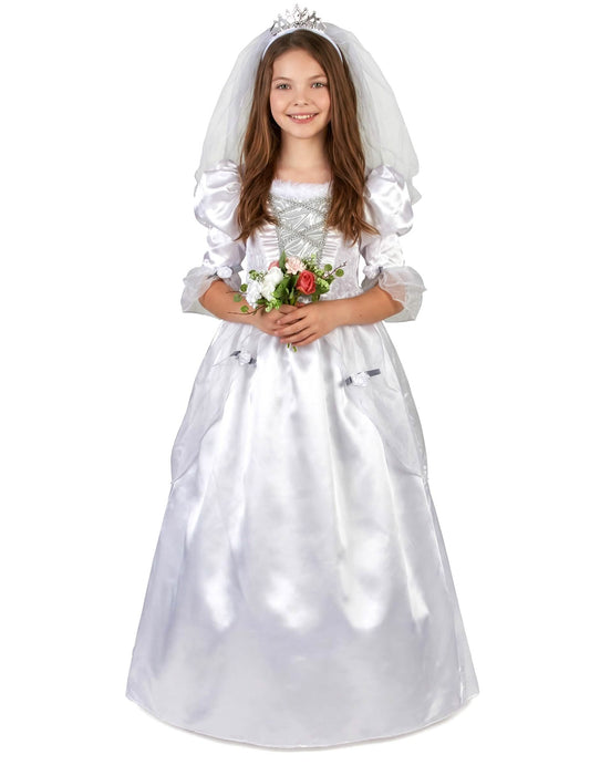 Vue de face du déguisement de mariée pour fille