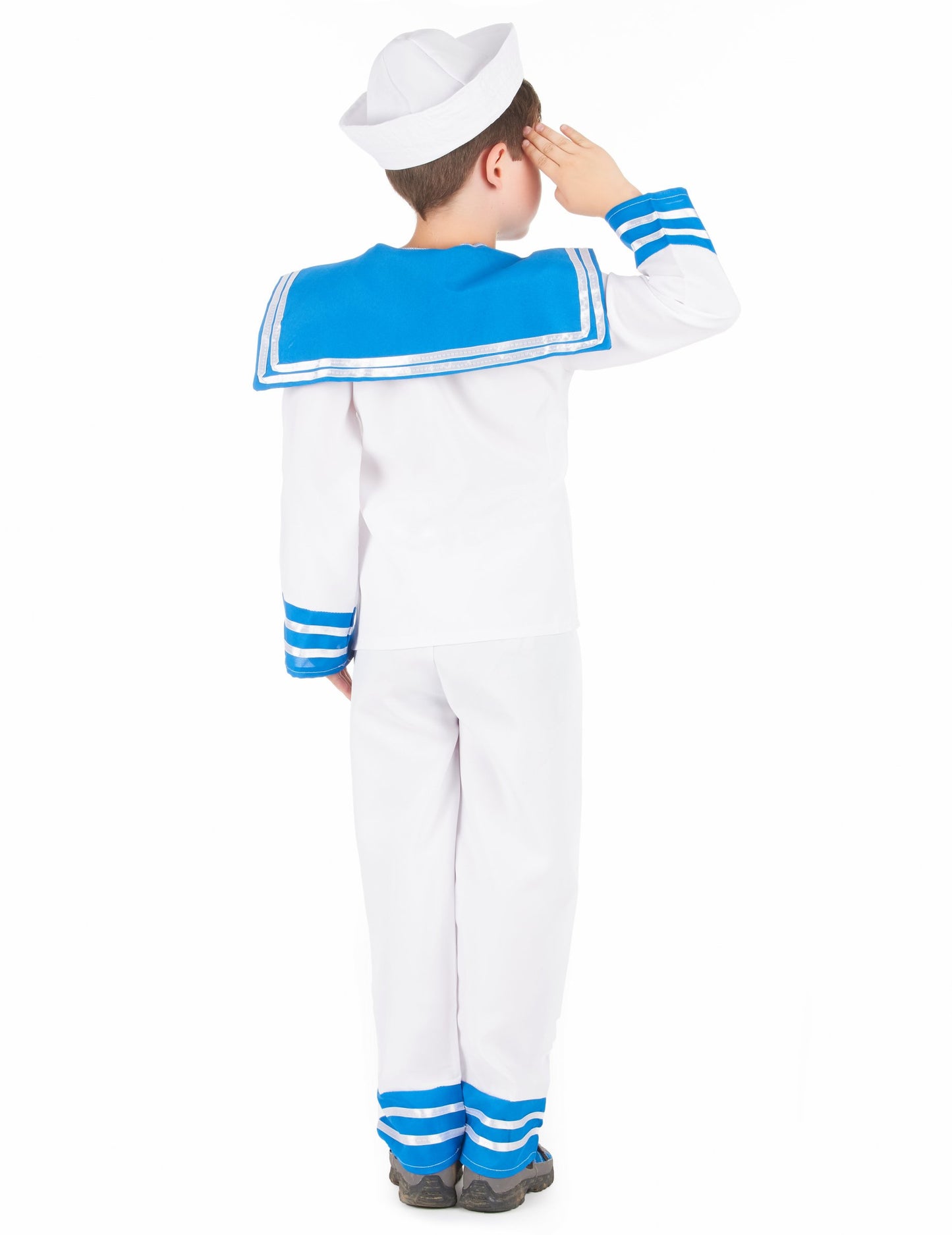 Hátulról nézet a fiú tengerész jelmezről