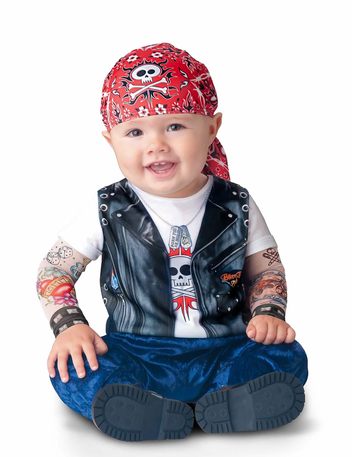 Klasszikus mini motoros baba jelmez piros bandanával és tetovált ujjakkal