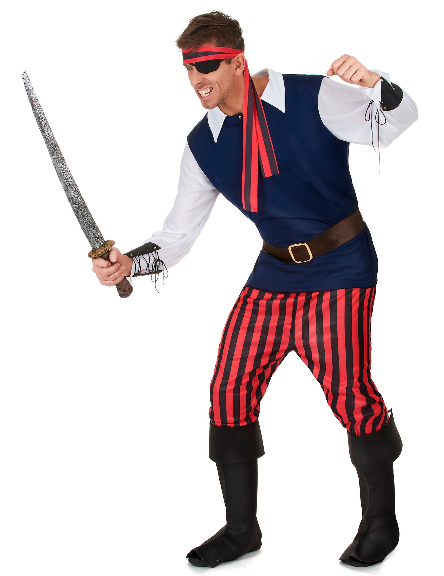 Vue de profil avec sabre du déguisement de pirate pour homme à rayures rouges et noires
