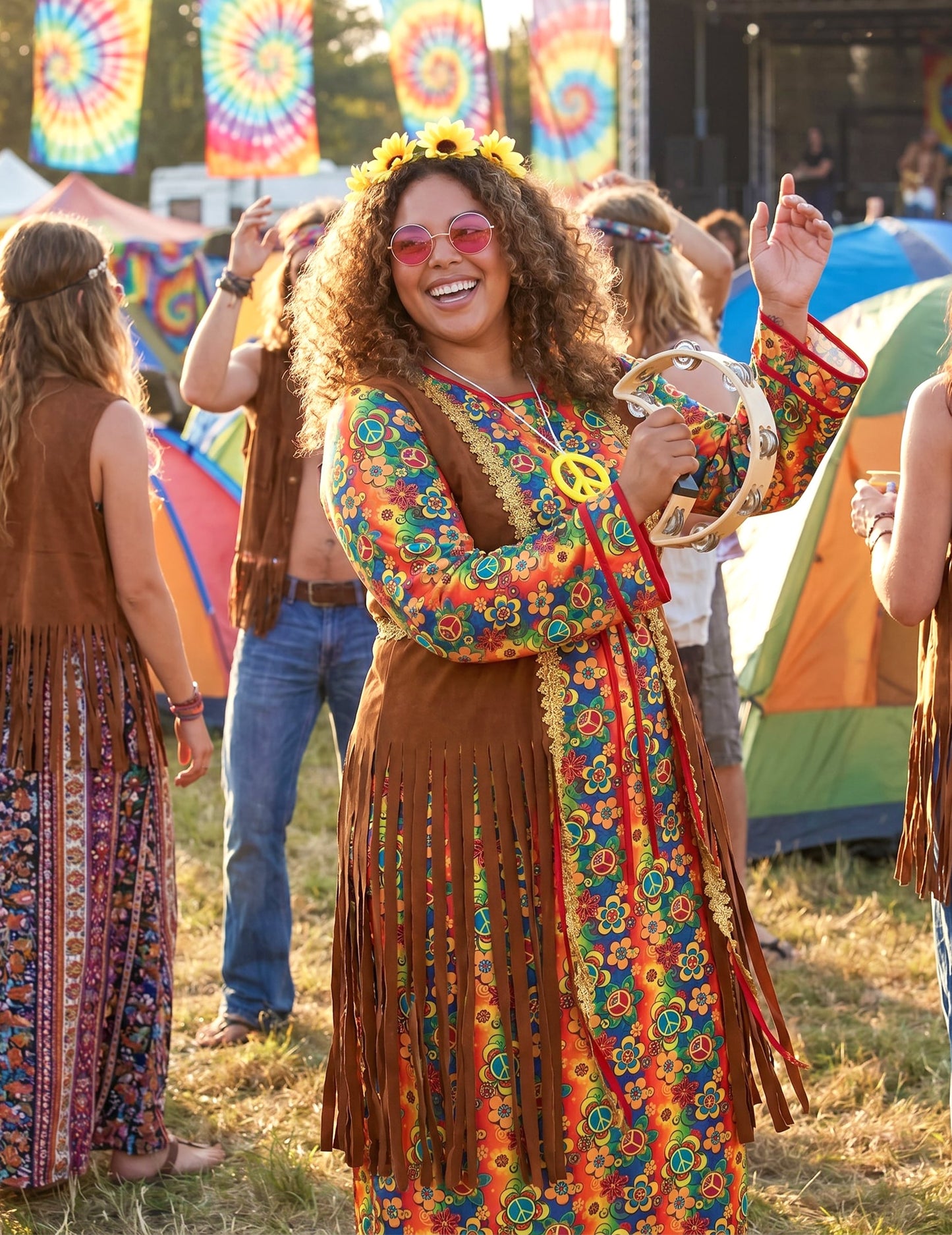 Déguisement robe longue hippie à franges grande taille femme