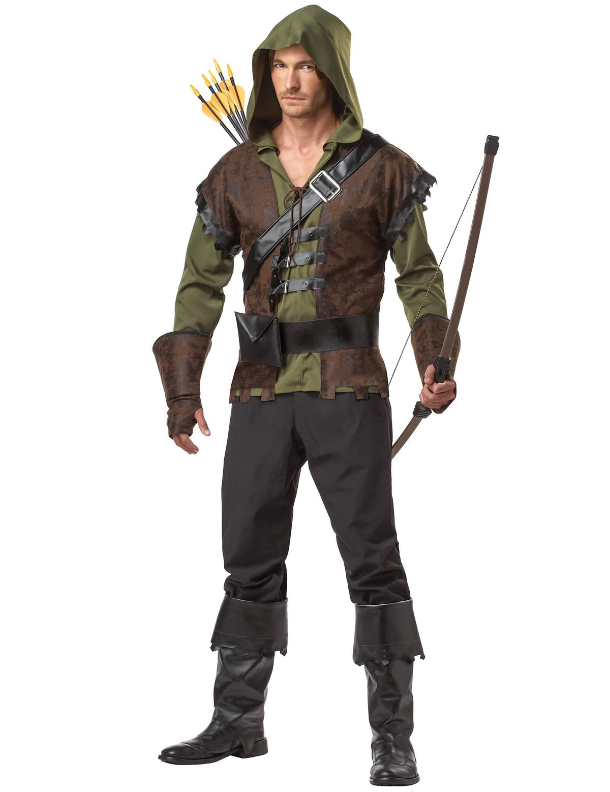 Robin Hood jelmez férfiaknak, zöld és barna, kapucnival