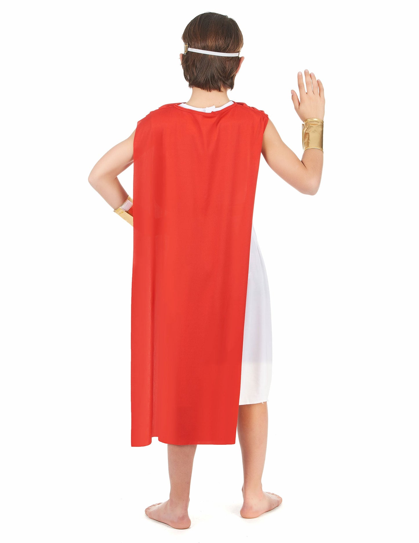 Hátulnézet a fehér és piros római köpenyes jelmezről fiúknak