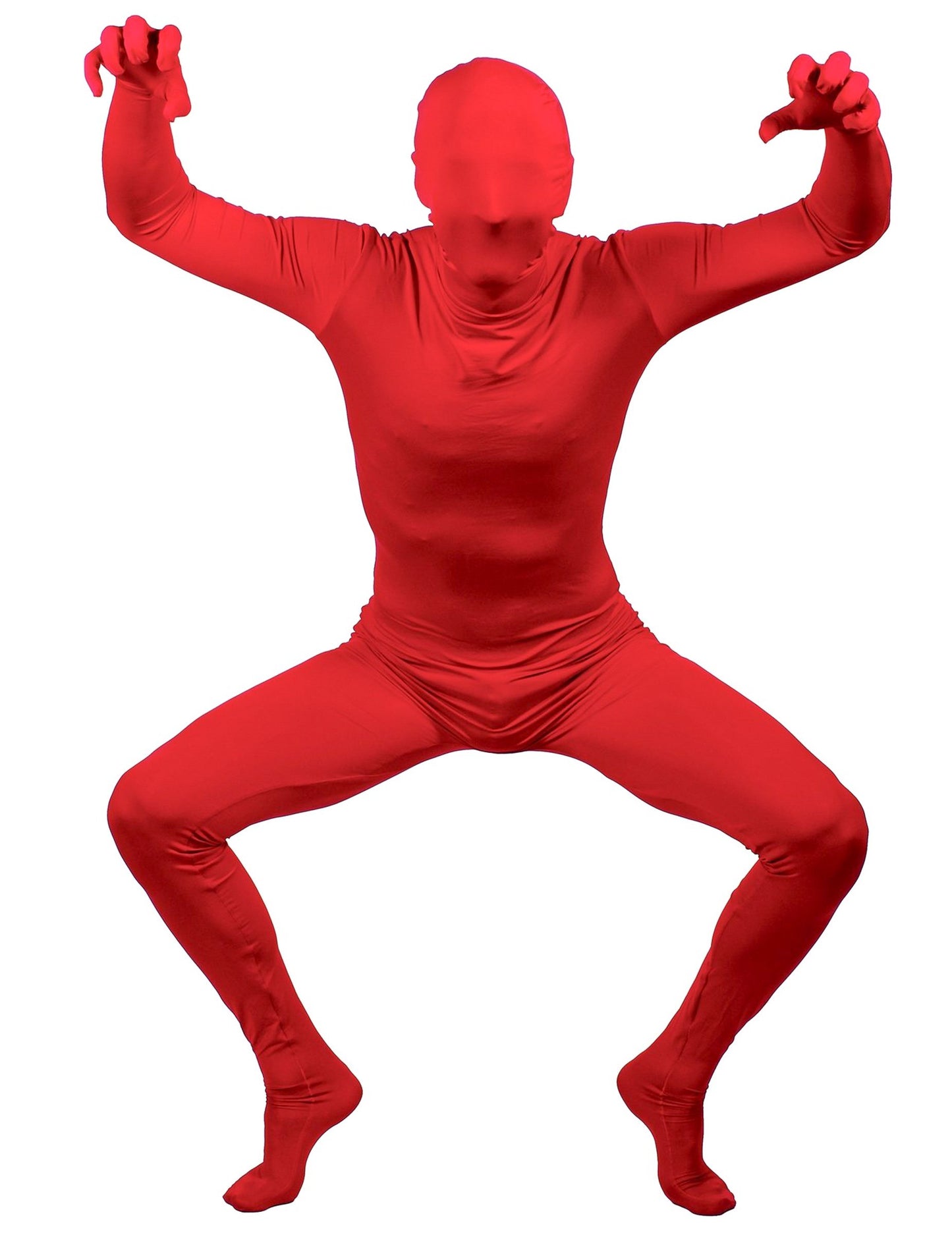 A felnőtt piros második bőr jelmez elölről, guggoló helyzetben