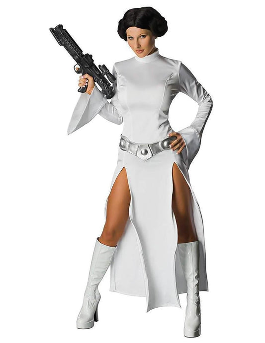 Elölnézet a szexi Leia hercegnő Star Wars jelmez blasterével