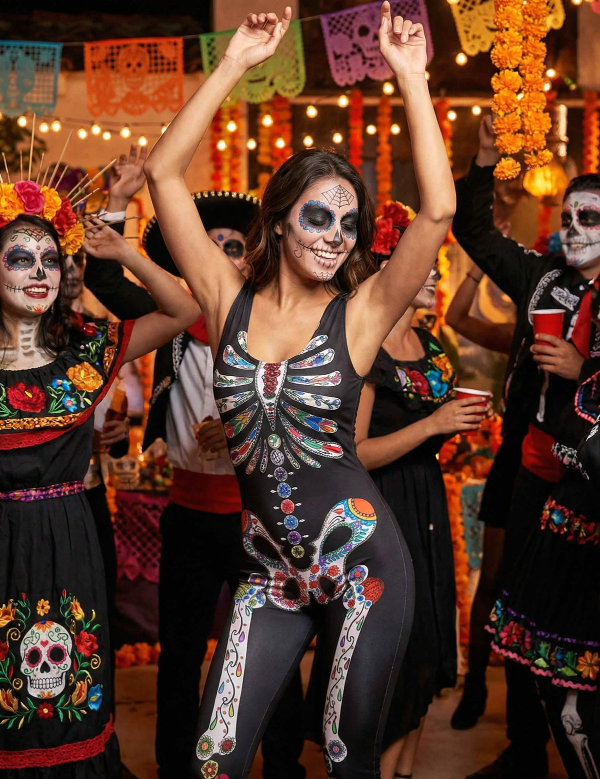 Ünnepi helyzetbe állított Dia de los muertos csontvázjelmez