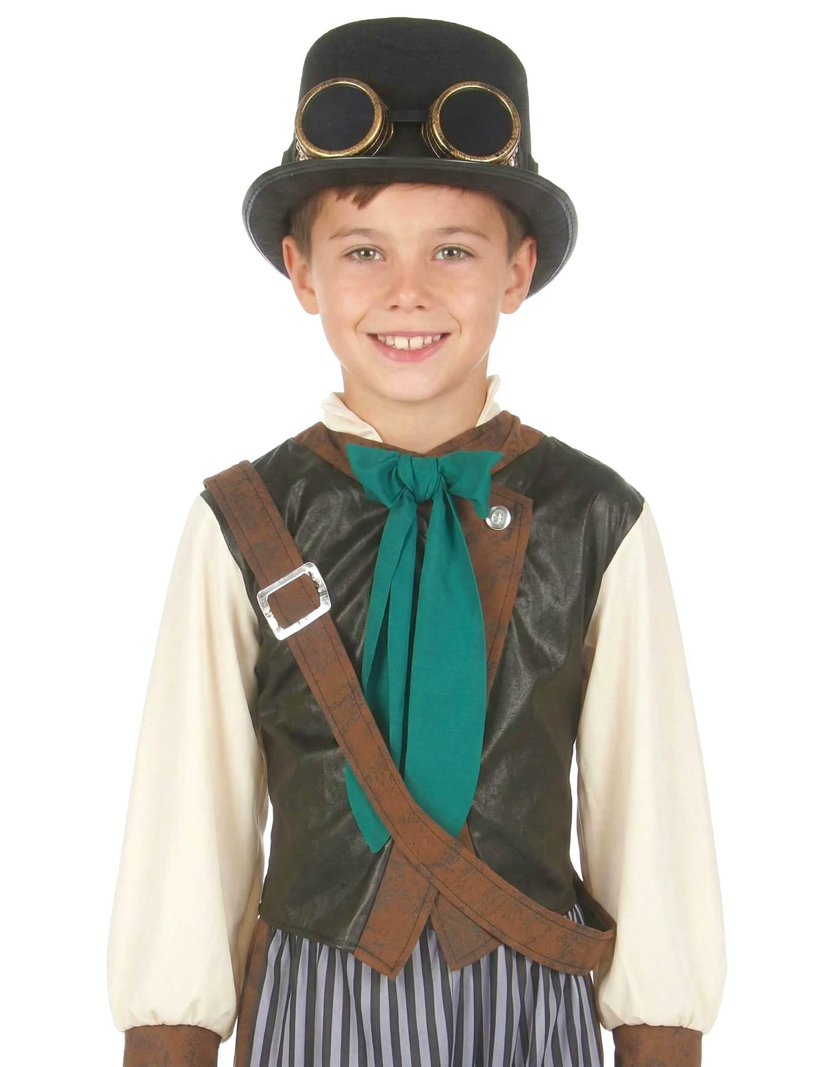 Közelkép a steampunk dandy gyermek jelmez mellényéről és kalapjáról