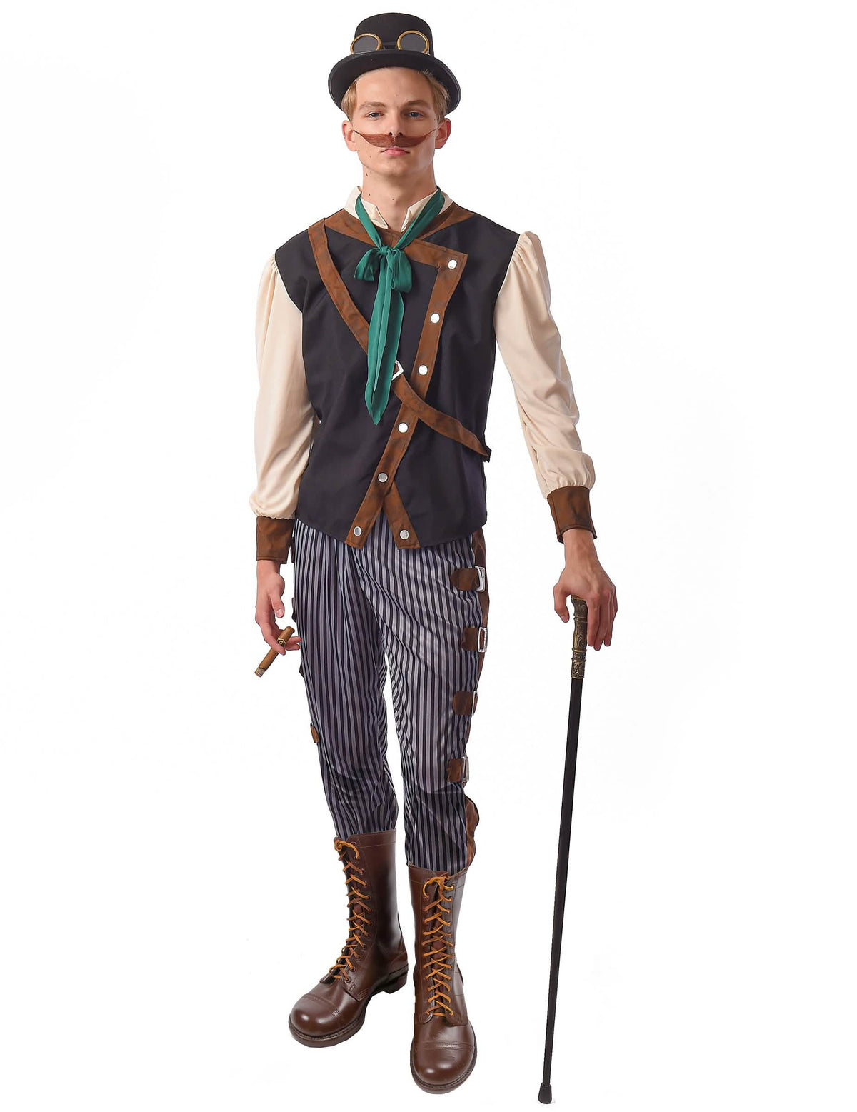 steampunk dandy férfi jelmez barna és fekete mellénnyel és csíkos nadrággal