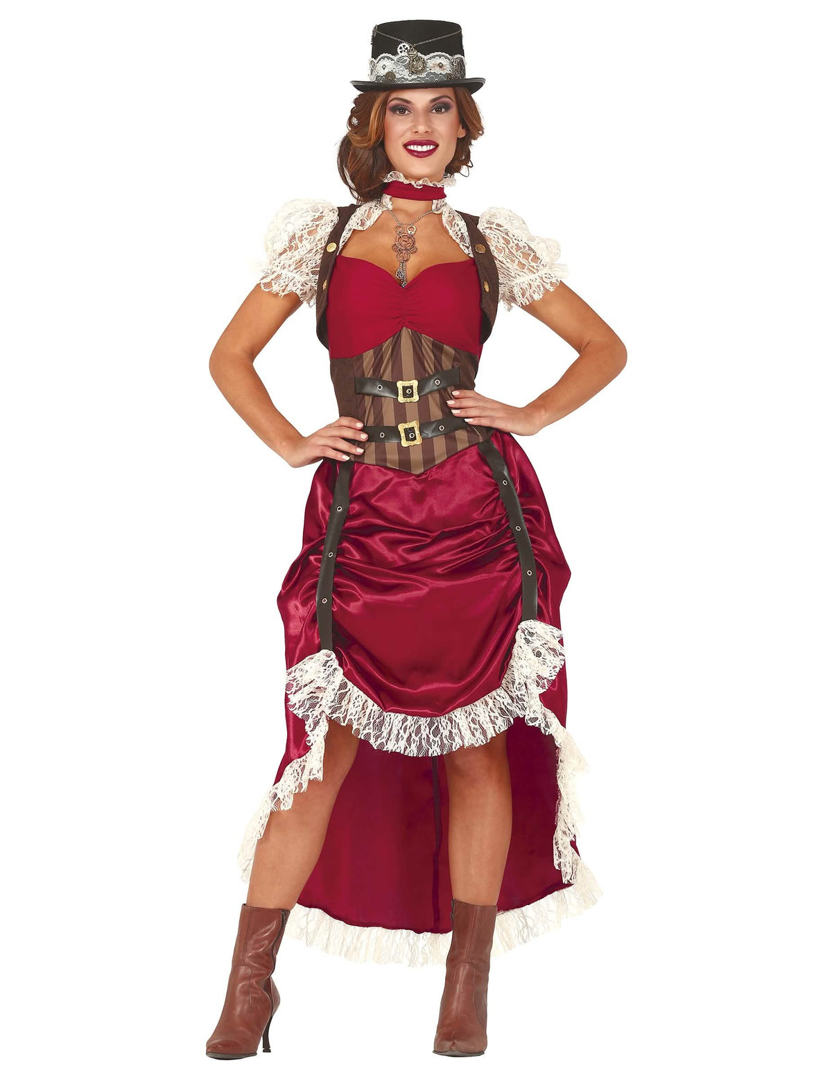 steampunk szexi női piros jelmez fűzővel és kalappal
