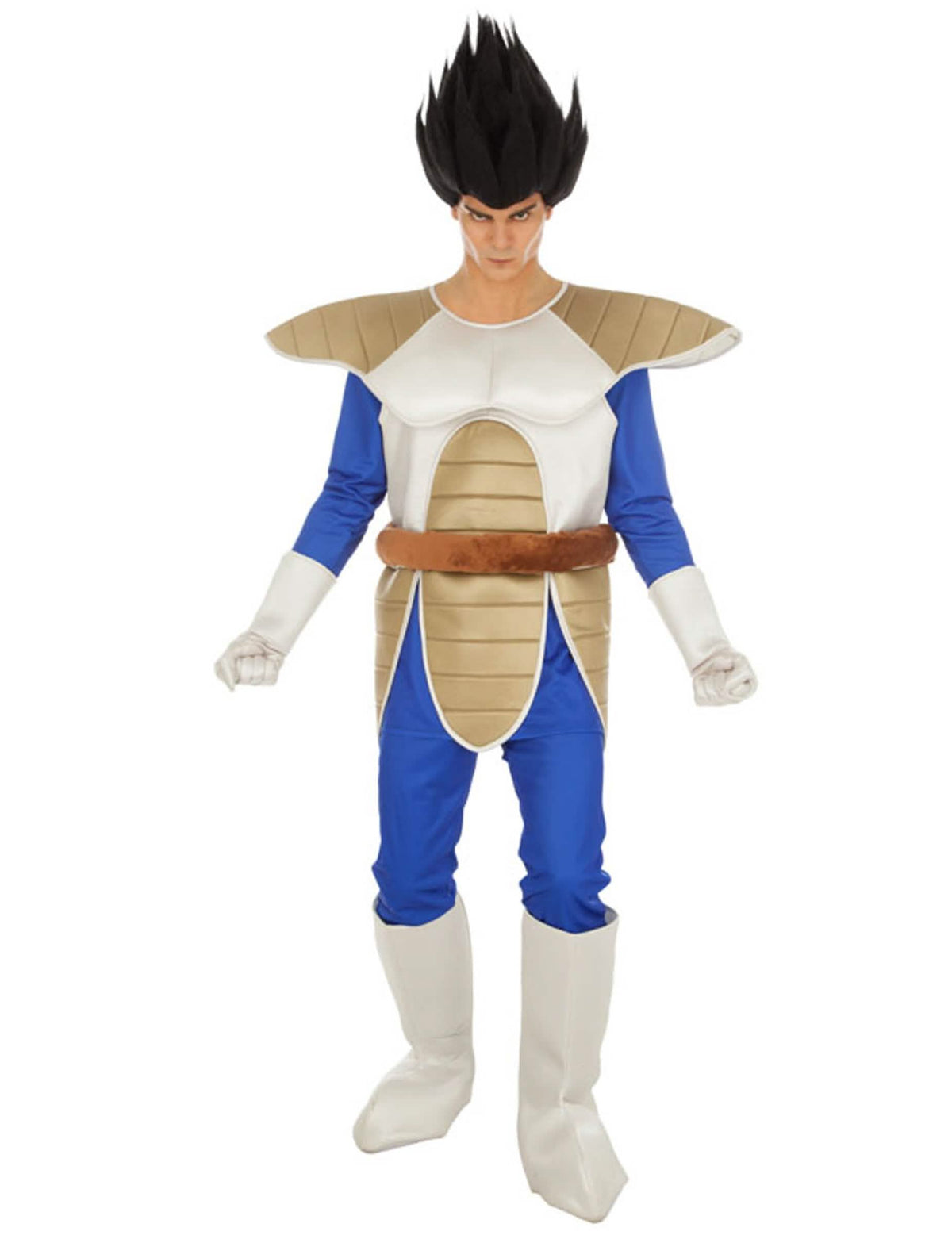Vegeta Dragon Ball™ férfi jelmez kék és fehér színben, páncéllal és fekete parókával